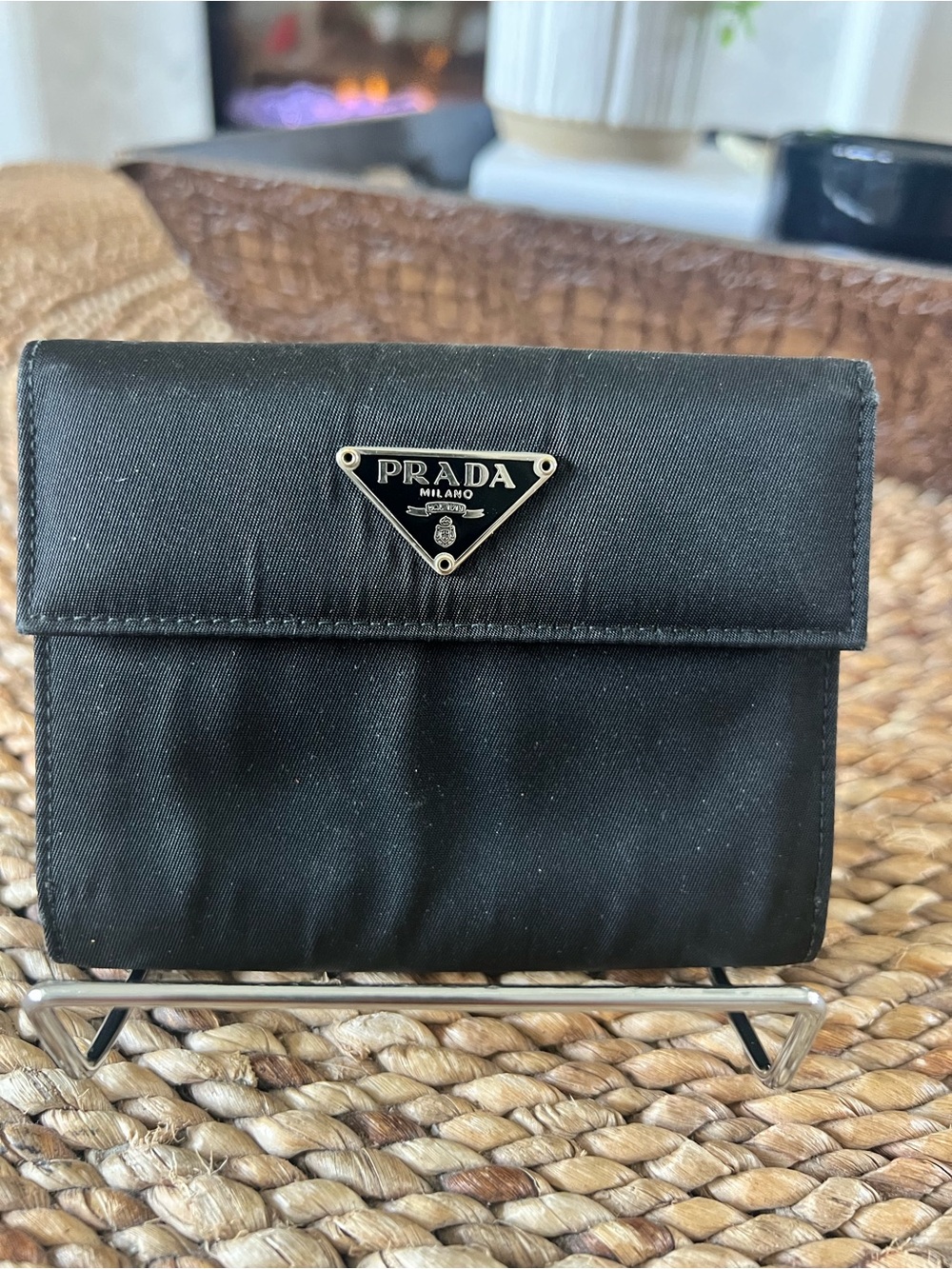 Prada Black Tessuto Nylon Triangle Logo Trifold Wallet Vintage